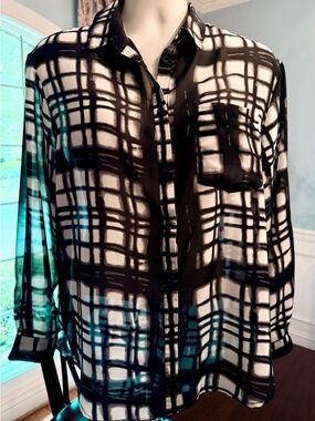 Sheer Abstract Black and White Button Blouse